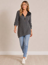 PU Leather Patchwork V-neck Half-zip Mid-length Knit Wweater