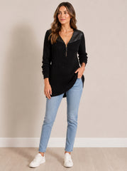 PU Leather Patchwork V-neck Half-zip Mid-length Knit Wweater