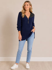 PU Leather Patchwork V-neck Half-zip Mid-length Knit Wweater