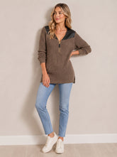 PU Leather Patchwork V-neck Half-zip Mid-length Knit Wweater
