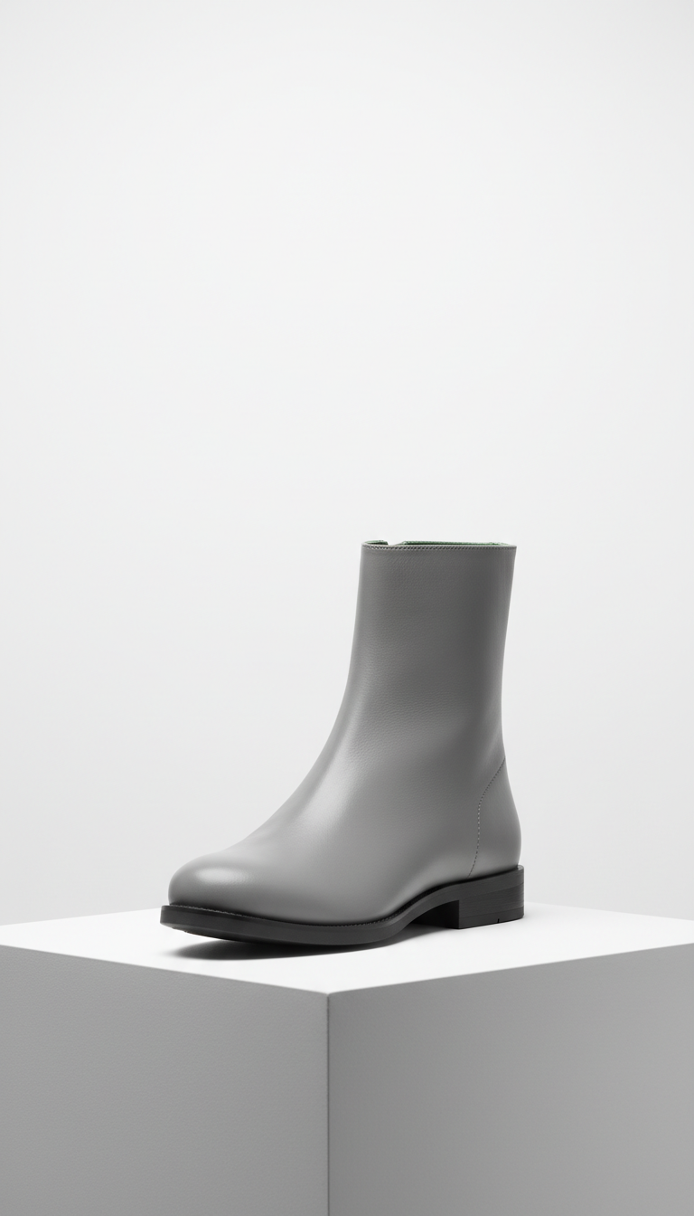 Ash Grey Leather Boot with Stacked Sole
