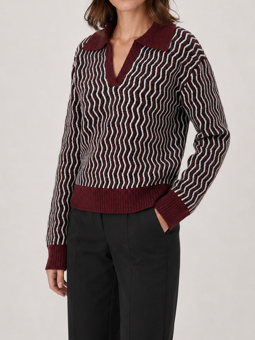 Wavy Stripe Knit Polo Sweater