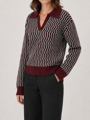 Wavy Stripe Knit Polo Sweater