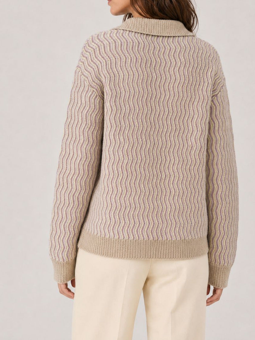 Wavy Stripe Knit Polo Sweater
