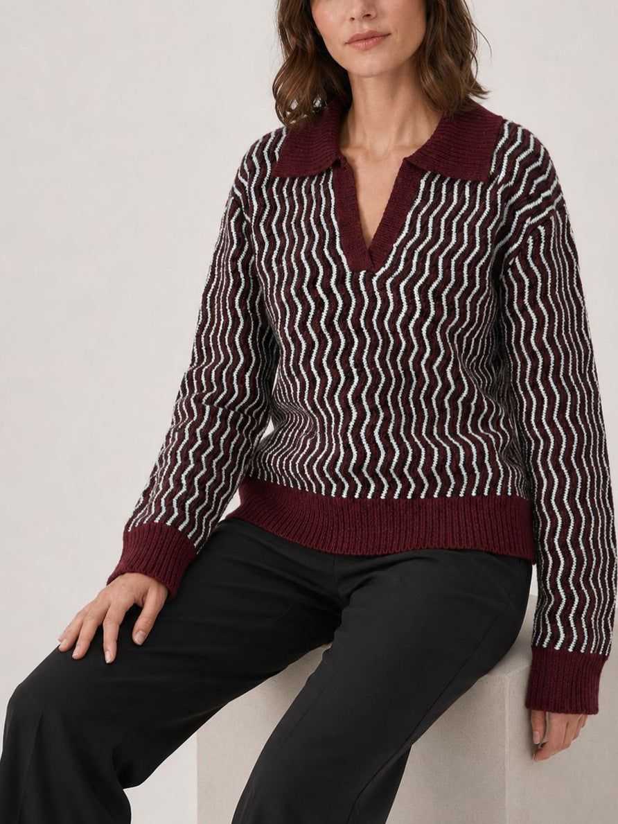 Wavy Stripe Knit Polo Sweater