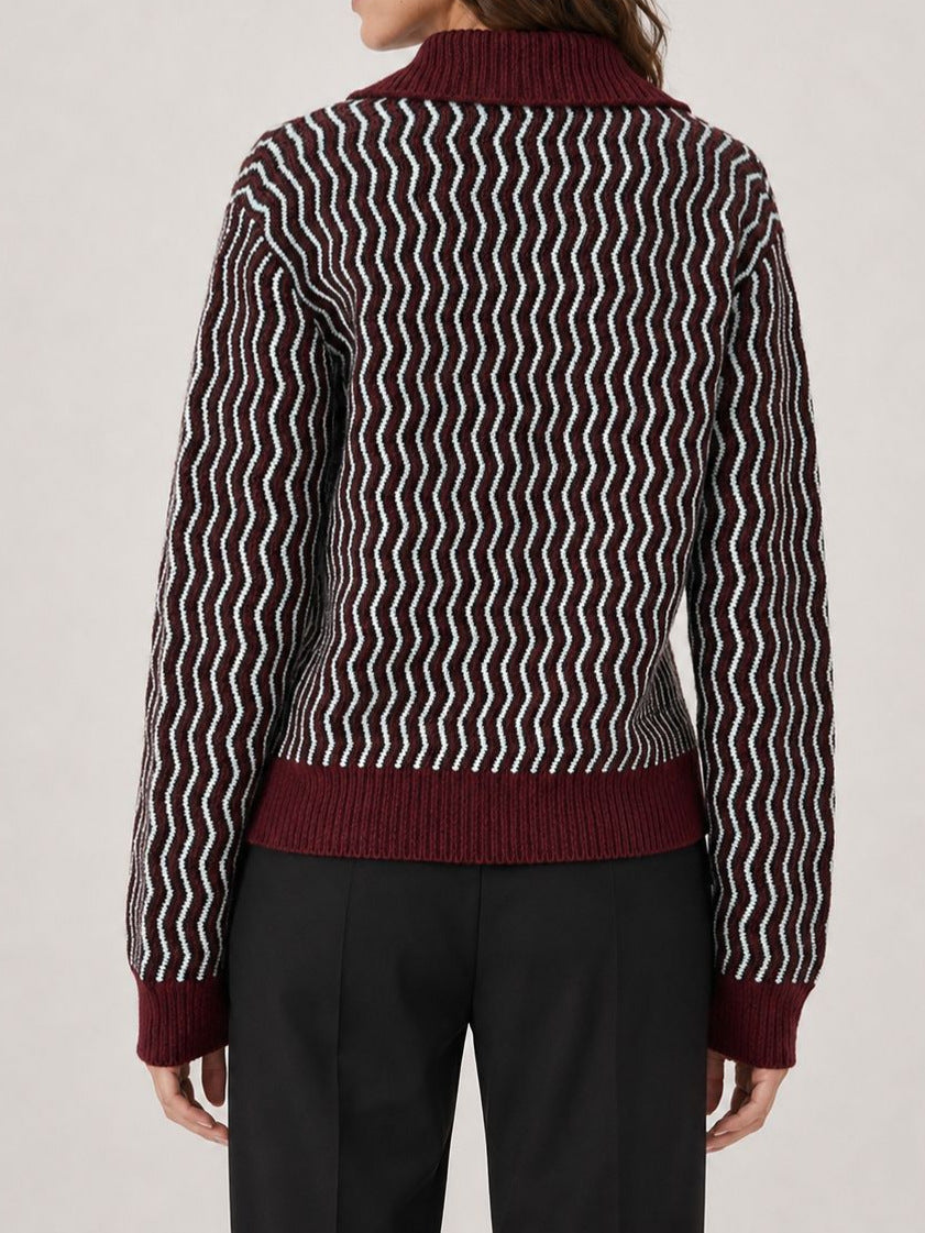 Wavy Stripe Knit Polo Sweater