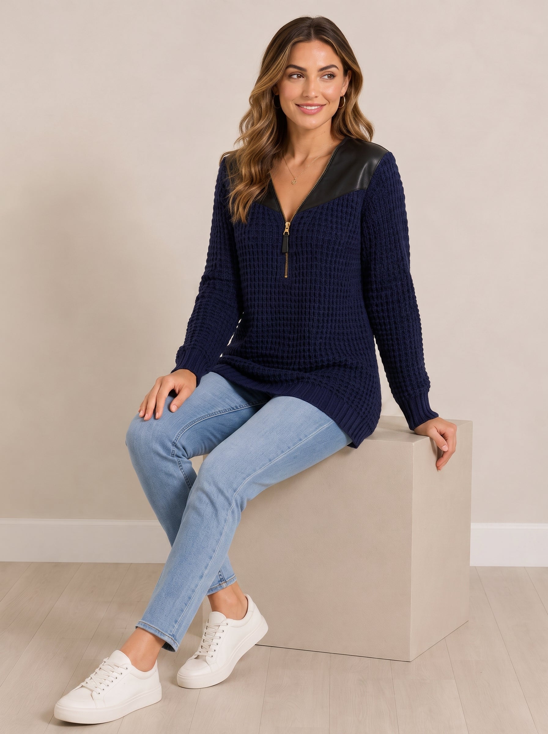 PU Leather Patchwork V-neck Half-zip Mid-length Knit Wweater
