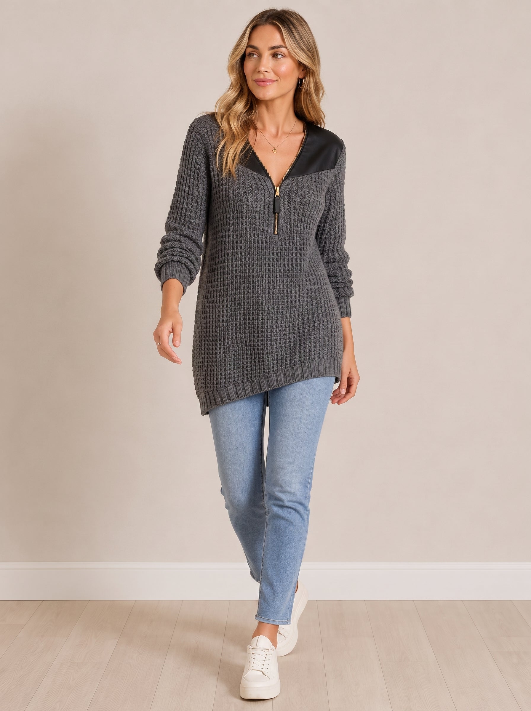 PU Leather Patchwork V-neck Half-zip Mid-length Knit Wweater