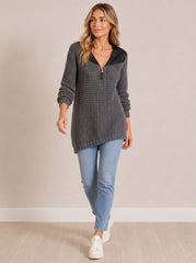 PU Leather Patchwork V-neck Half-zip Mid-length Knit Wweater