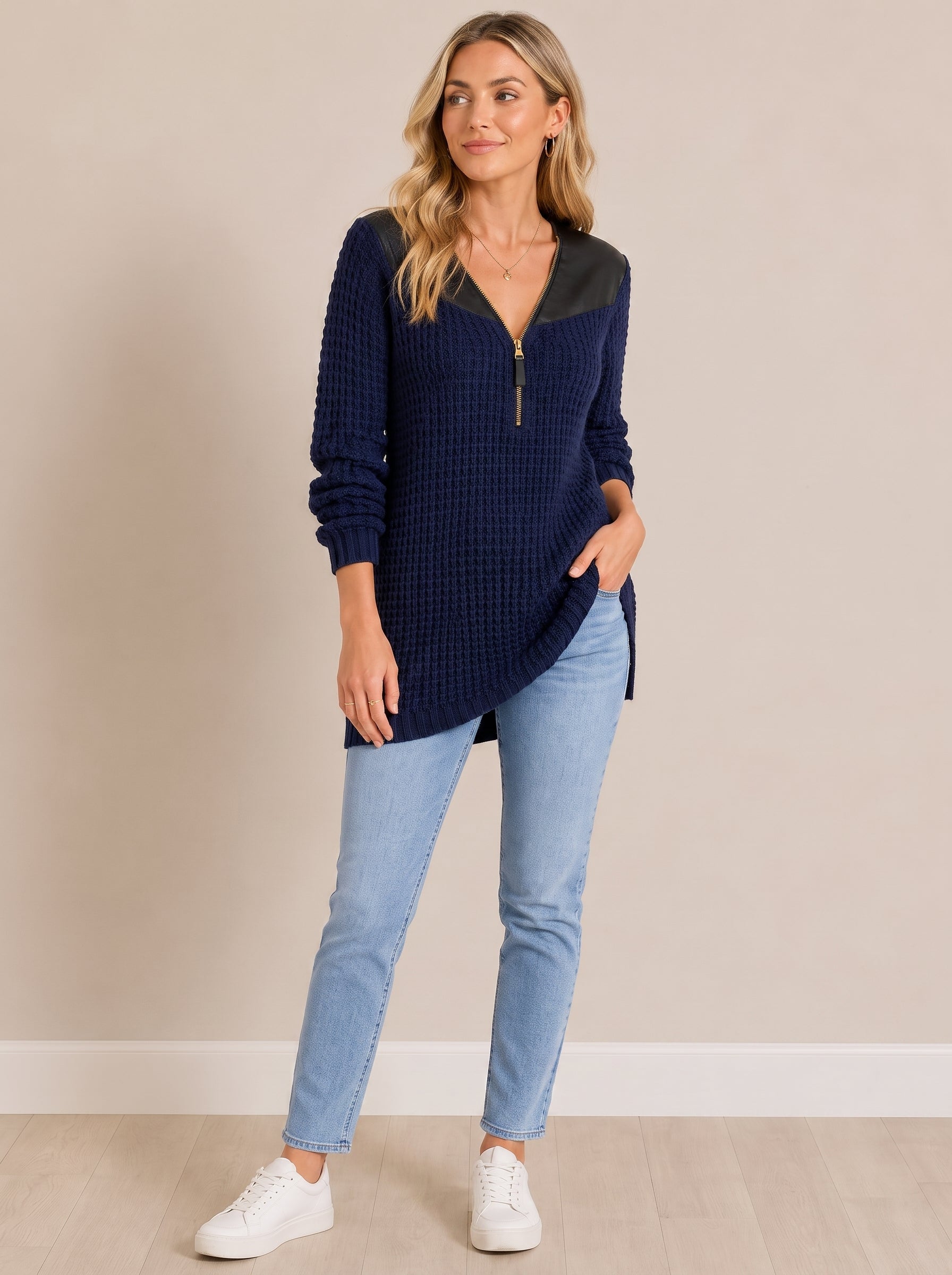 PU Leather Patchwork V-neck Half-zip Mid-length Knit Wweater