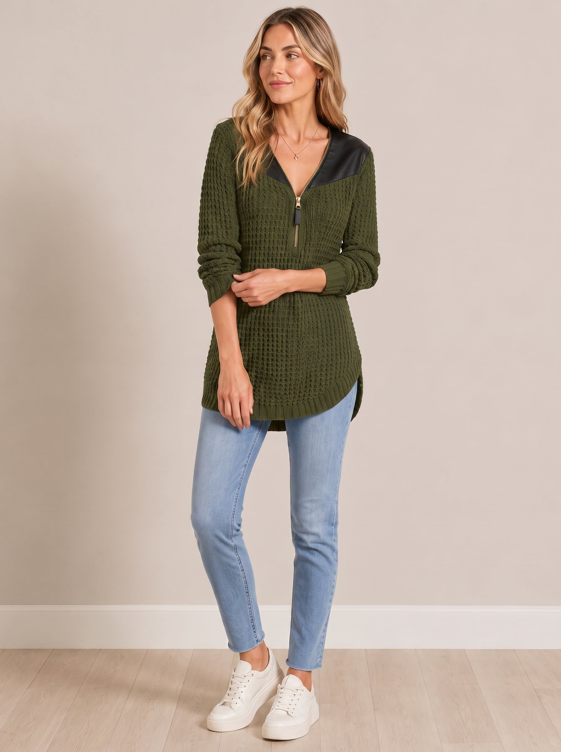 PU Leather Patchwork V-neck Half-zip Mid-length Knit Wweater